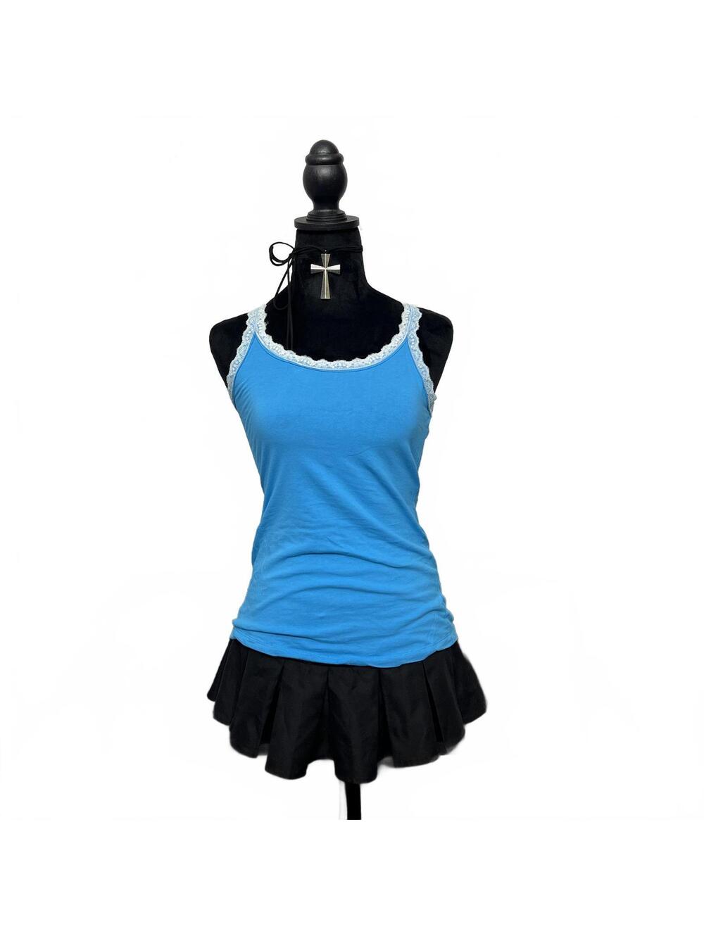 Y2K 2000s M&CO. Sz S Blue & White Laced Hems Tank Top Preppy McBling Colorful